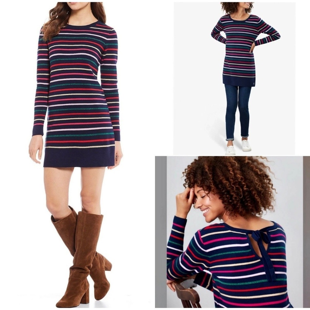 Joules NWT Estelle Striped Sweater Dress Navy Multi Color Metallic‎ Bow Size 10